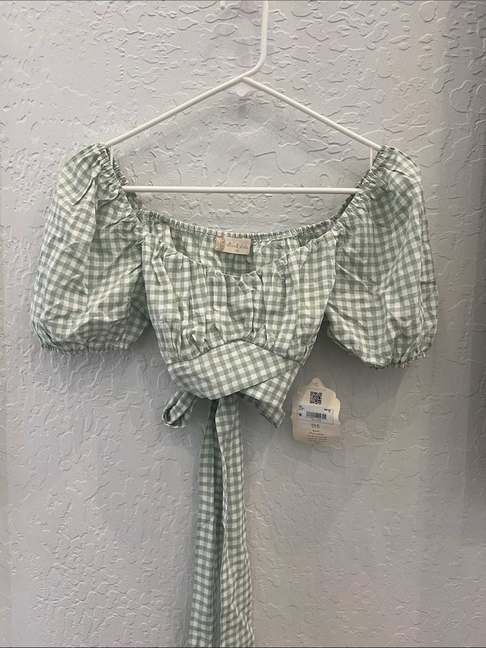 Gingham Puff-Sleeve Crop Top - Sage Green